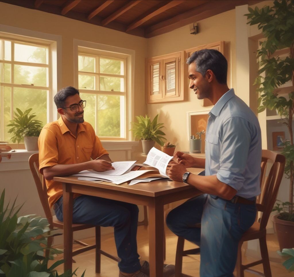 An image of a homeowner and contractor discussing a detailed budget breakdown, emphasizing careful financial planning.