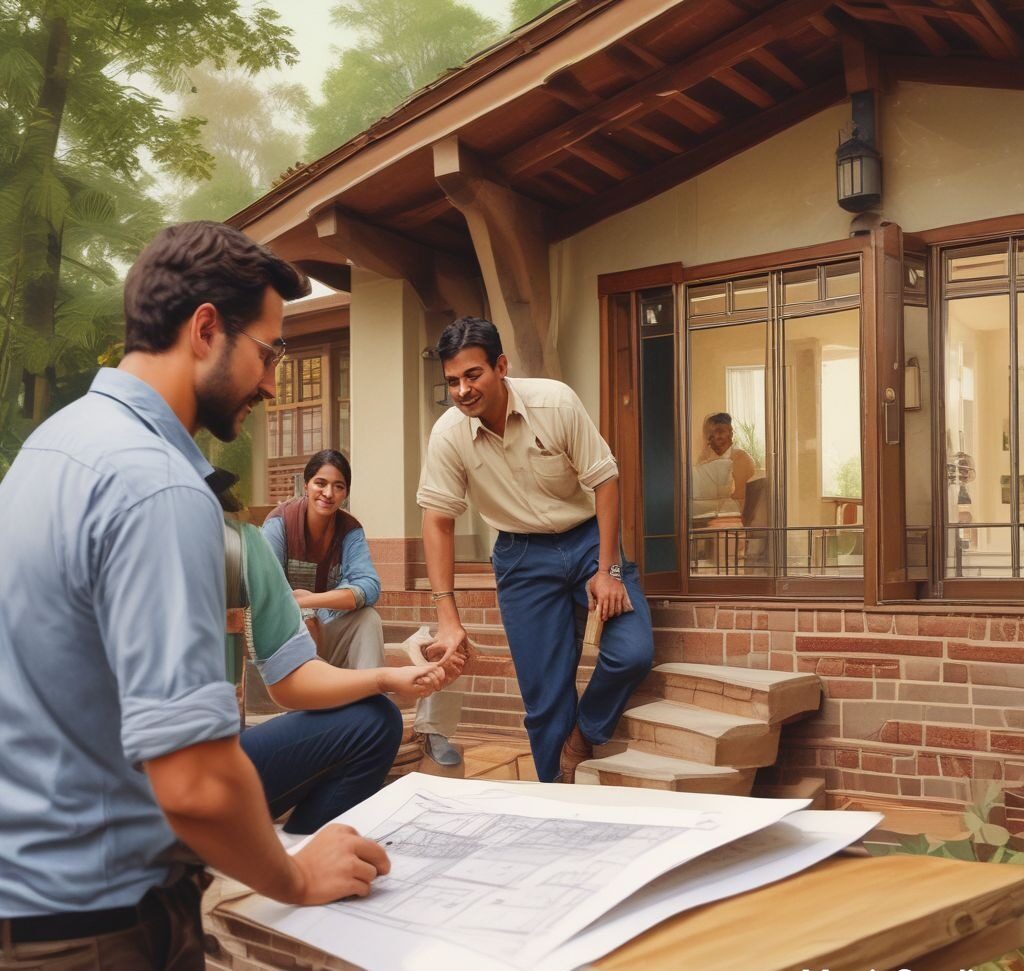 an image of an architect working with homeowners on a renovation plan, highlighting the importance of detailed design preparation.