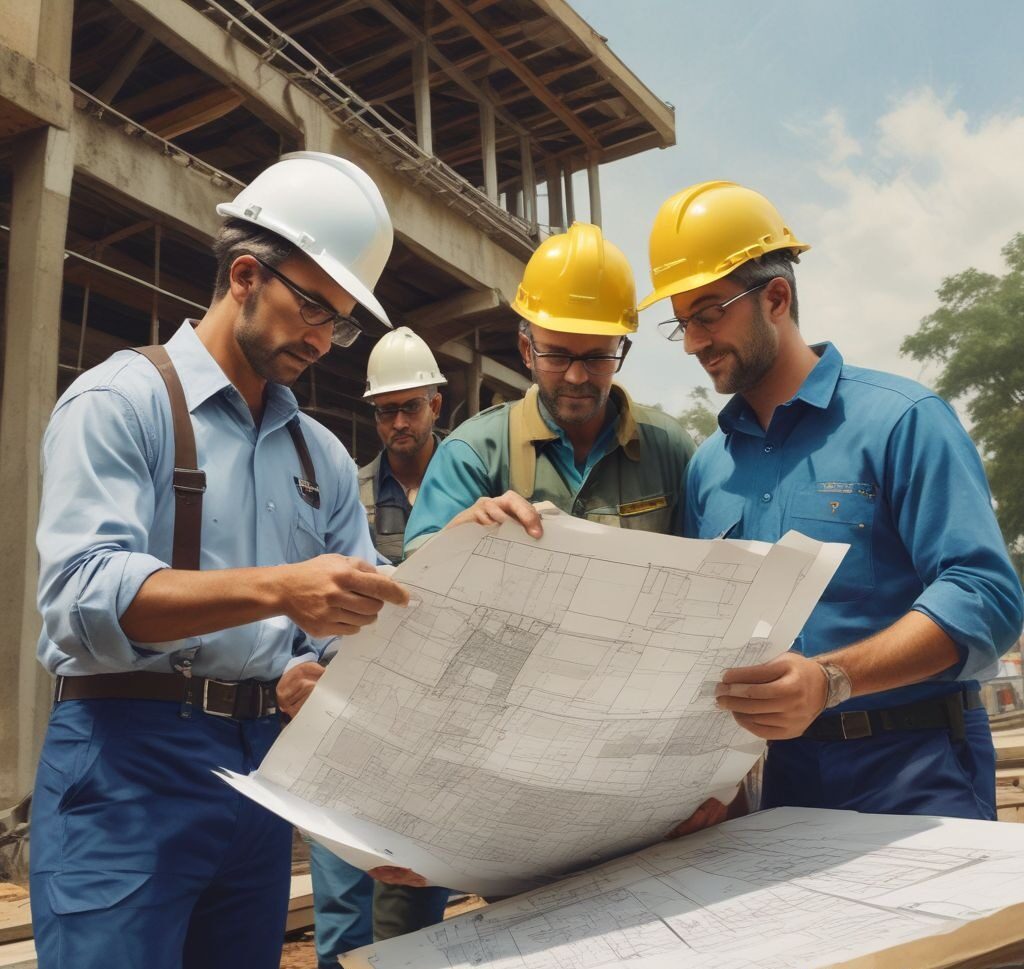 an image of structural engineers reviewing blueprints with detailed load distribution plans