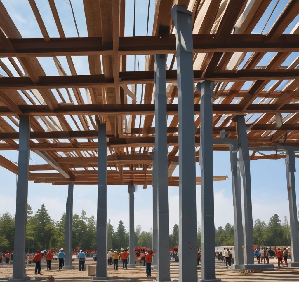 an image of beams and columns being installed on-site, with workers ensuring correct sizing and placement.