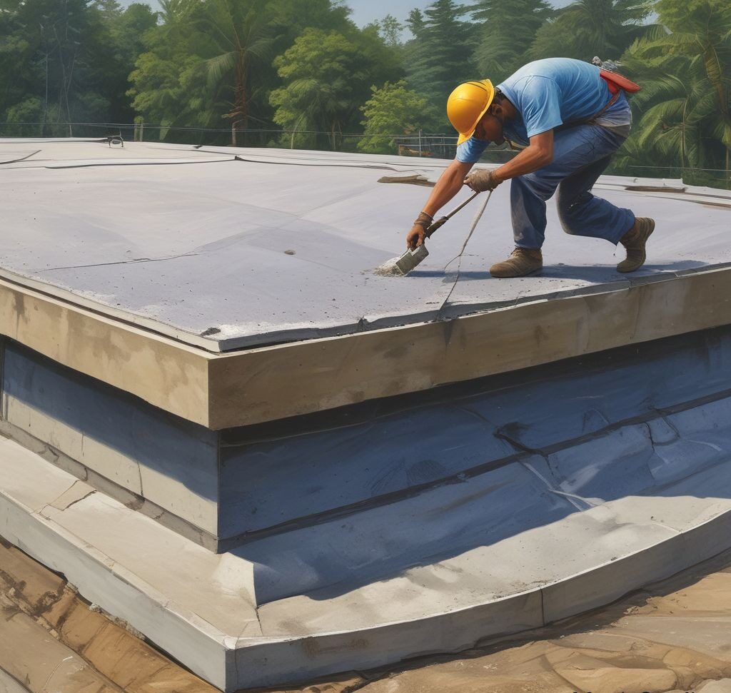 an image of waterproofing materials being applied to a foundation or roof, emphasizing protection from water damage.
