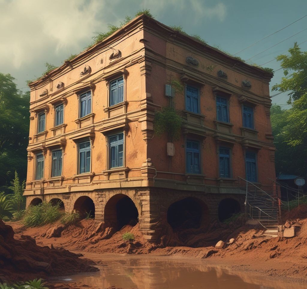 an image of soil erosion around a building caused by improper drainage, highlighting the need for erosion control measures.