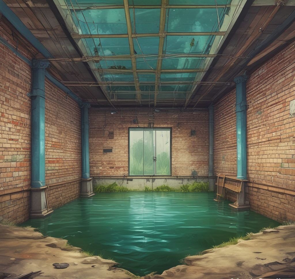an image of a flooded basement or water pooling in a crawl space, demonstrating the impact of water intrusion on a building.