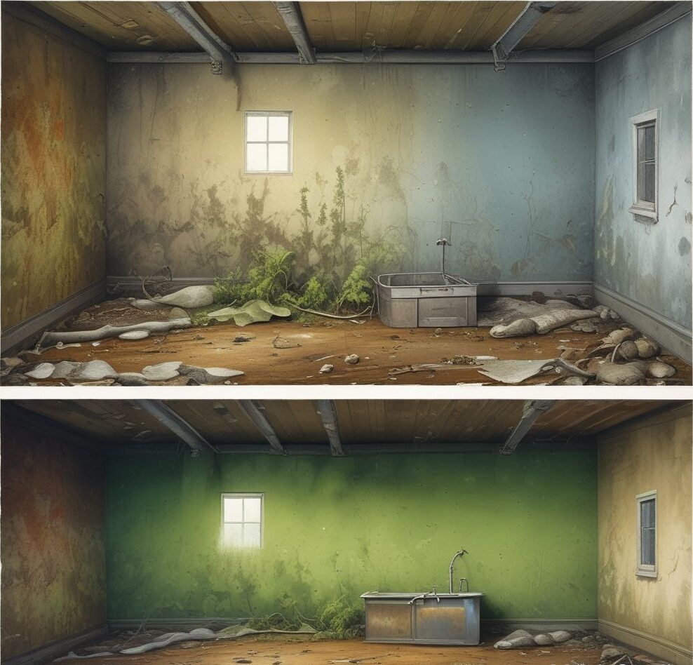 an image of mold growth in a damp basement or attic, showing how moisture problems can lead to mold infestations.
