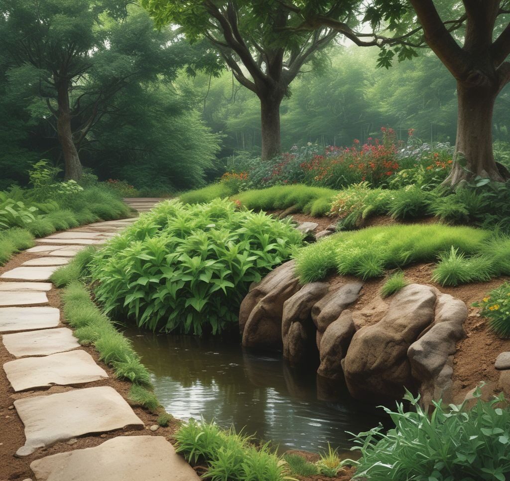 an image of a rain garden or swale in a beautifully landscaped yard, emphasizing how drainage can support healthy landscaping.