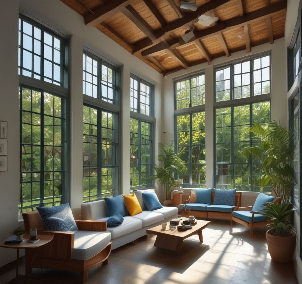 an image of energy-efficient windows with modern glazing technology and insulated frames in a tropical home setting.