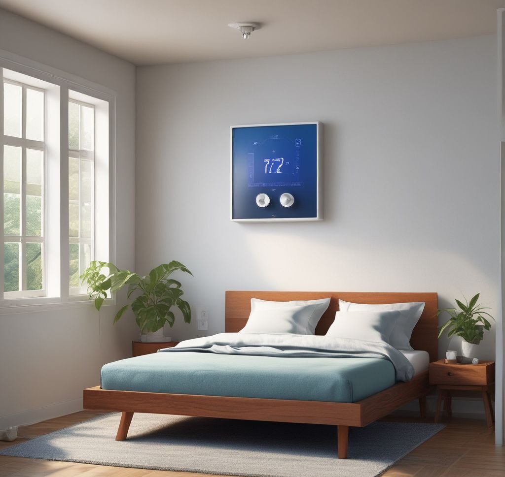 a smart thermostat in use, connected to an energy-efficient heating and cooling system.