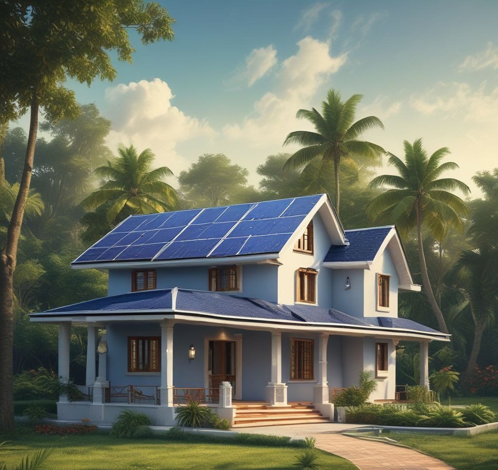 an image of a home with solar panels installed on the roof, capturing sunlight to power the home’s electrical systems.