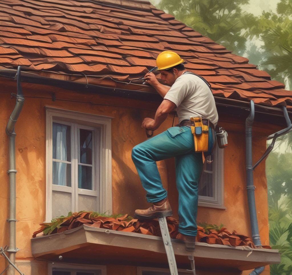 an image of a technician inspecting a roof for damage or clearing debris from a gutter.