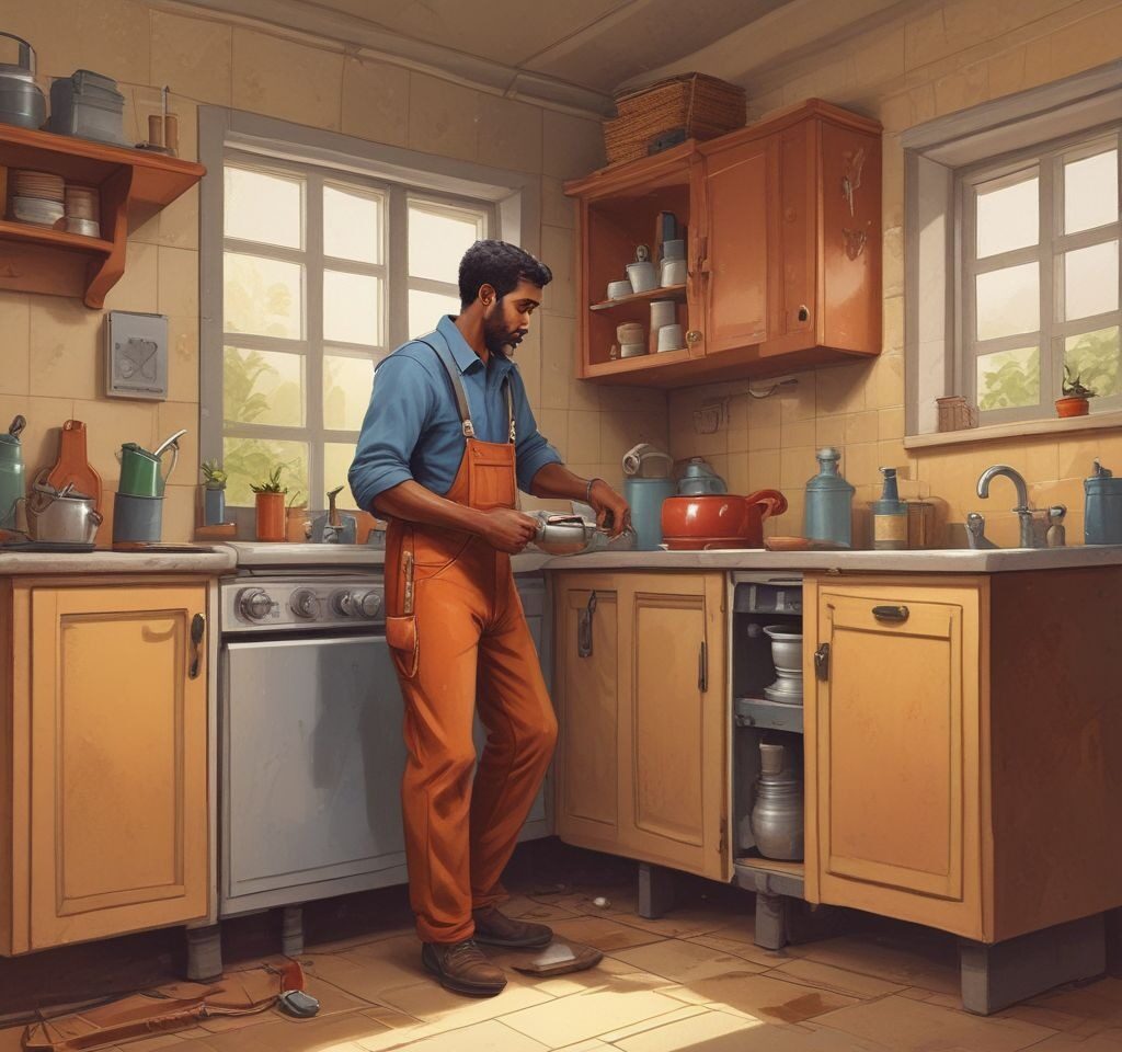 an image of a plumber checking a kitchen for leaks and loose fittings.