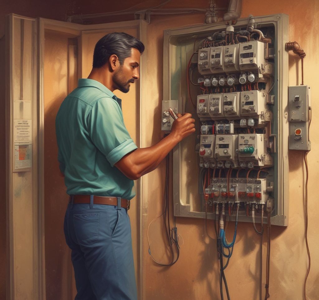 an image of an electrician inspecting a home’s electrical panel.