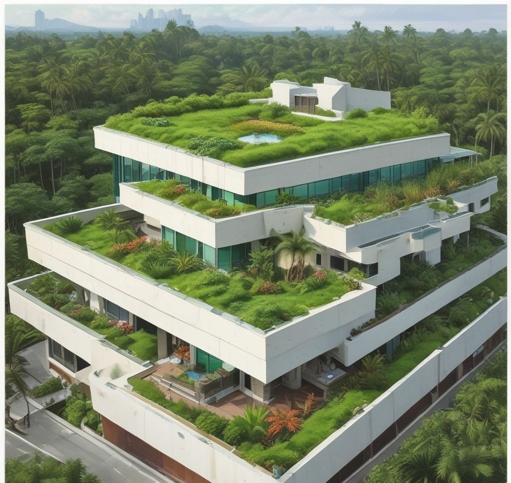 image of a green roof on a building in a tropical setting, illustrating the contrast between green roofing and traditional roofing in terms of temperature regulation.