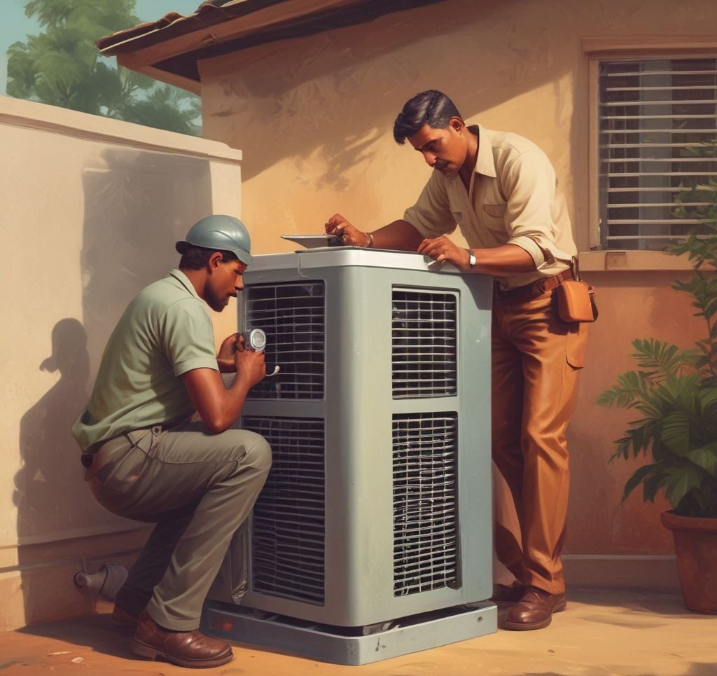 an image of an HVAC technician performing maintenance on an air conditioning unit.