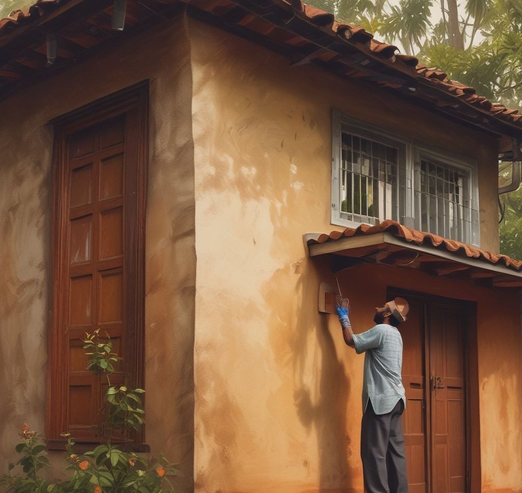 an image of someone repainting or inspecting the exterior walls of a home.