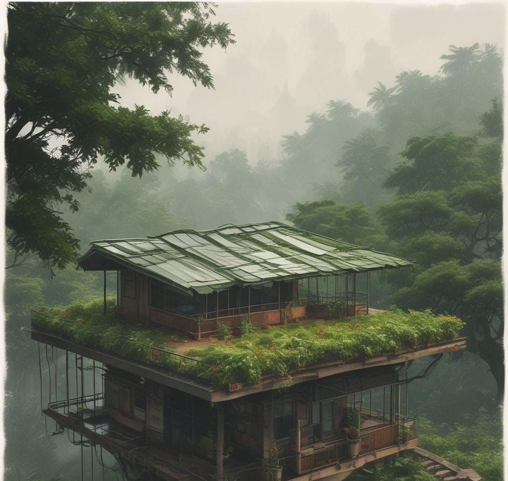an image of a green roof during a heavy rain, demonstrating how vegetation absorbs and manages water effectively.
