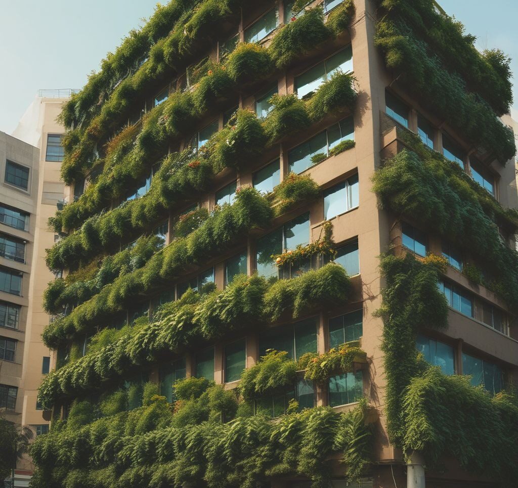 an image of a living wall in an urban setting, highlighting its role in improving air quality and reducing pollution.